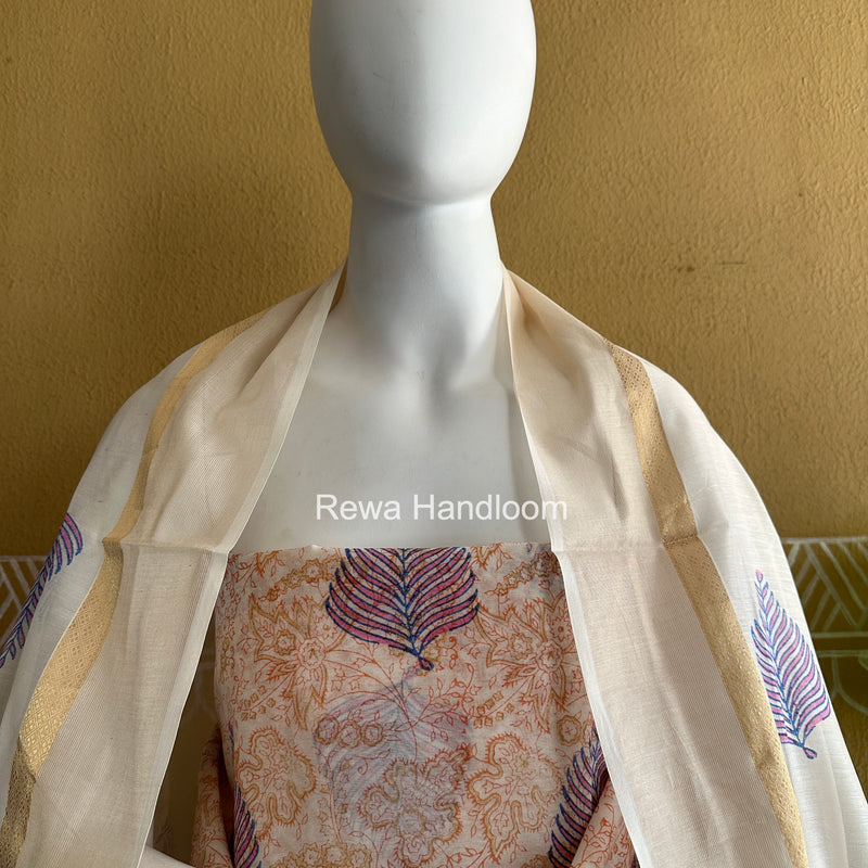 Maheshwari White Handblock Print Top-Dupatta HBS0165
