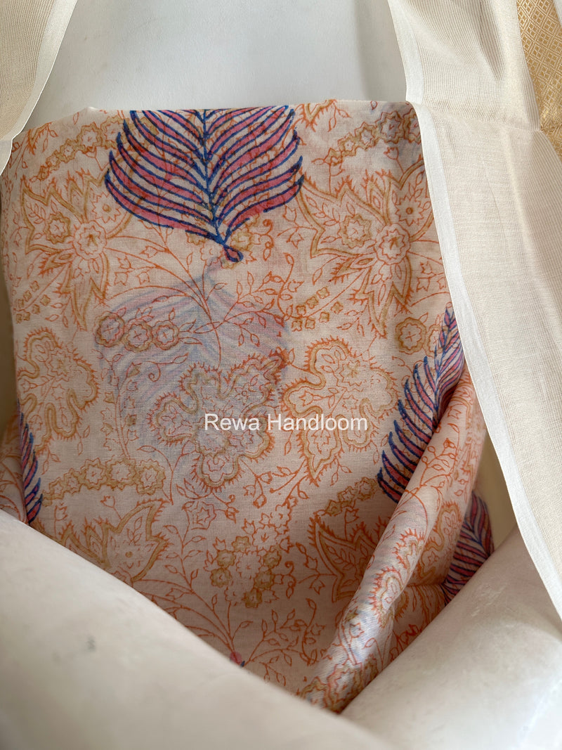 Maheshwari White Handblock Print Top-Dupatta HBS0165