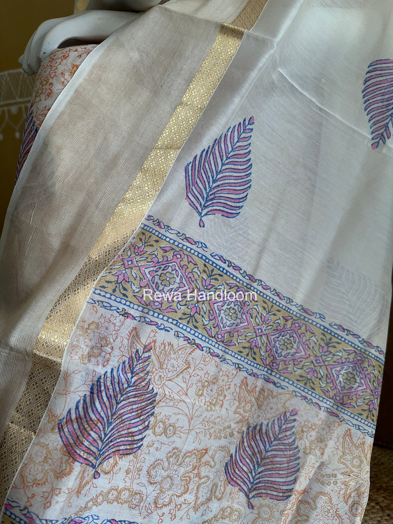 Maheshwari White Handblock Print Top-Dupatta HBS0165