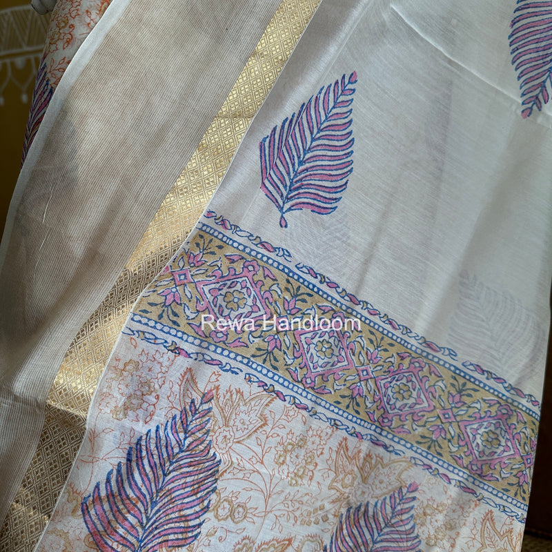Maheshwari White Handblock Print Top-Dupatta HBS0165