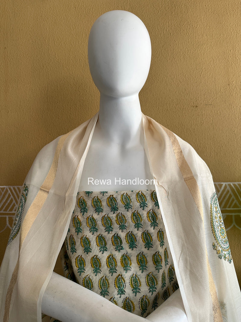 Maheshwari White Handblock Print Top-Dupatta HBS0182