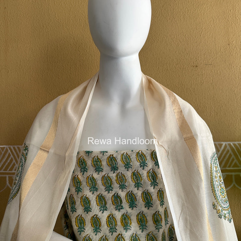 Maheshwari White Handblock Print Top-Dupatta HBS0182
