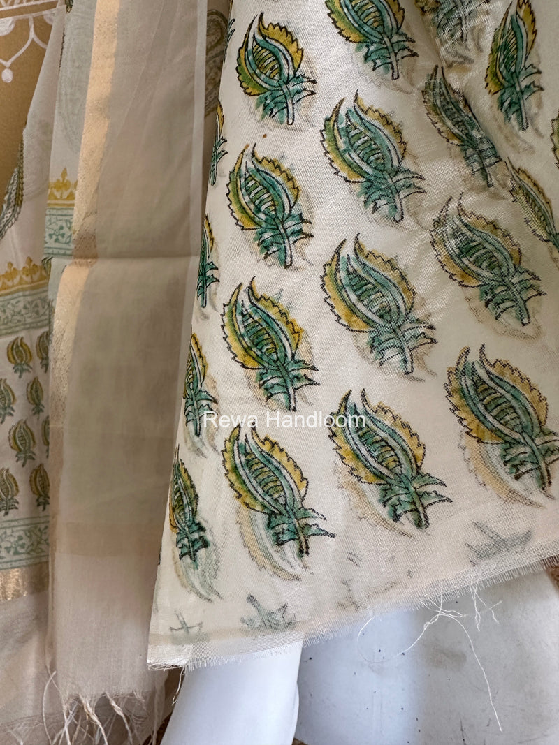 Maheshwari White Handblock Print Top-Dupatta HBS0182