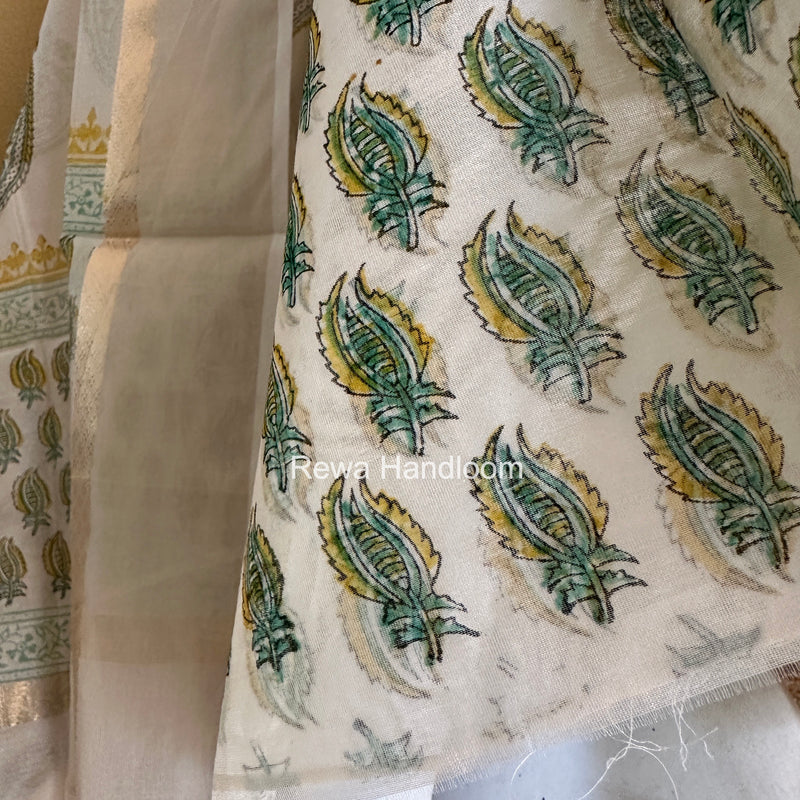 Maheshwari White Handblock Print Top-Dupatta HBS0182