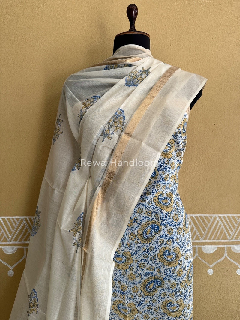 Maheshwari Blue-White Handblock Print Top-Dupatta HBS0113