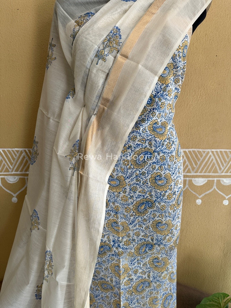 Maheshwari Blue-White Handblock Print Top-Dupatta HBS0113