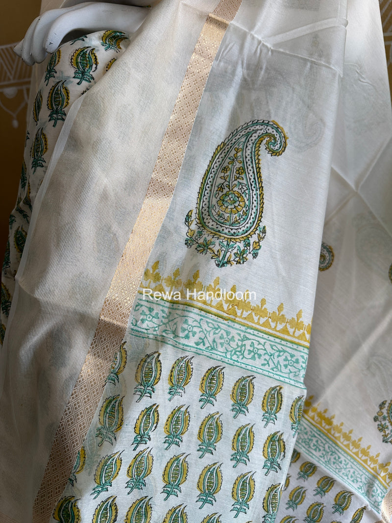 Maheshwari White Handblock Print Top-Dupatta HBS0182