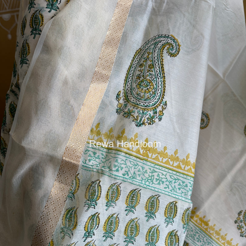 Maheshwari White Handblock Print Top-Dupatta HBS0182