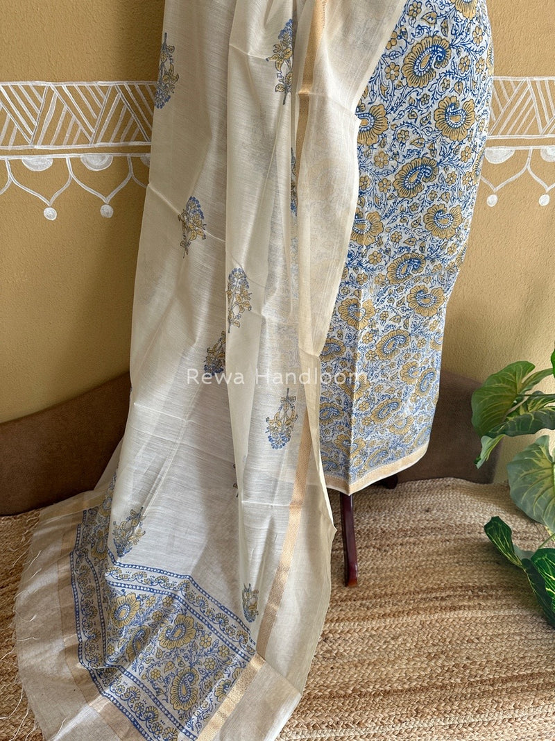 Maheshwari Blue-White Handblock Print Top-Dupatta HBS0113