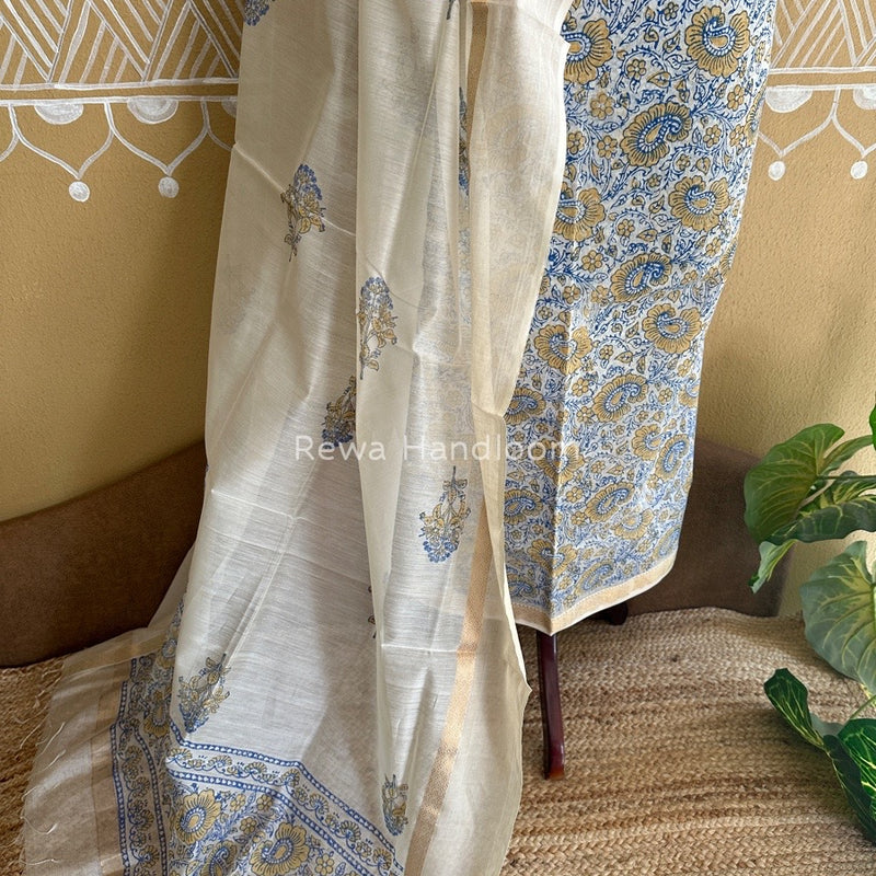 Maheshwari Blue-White Handblock Print Top-Dupatta HBS0113