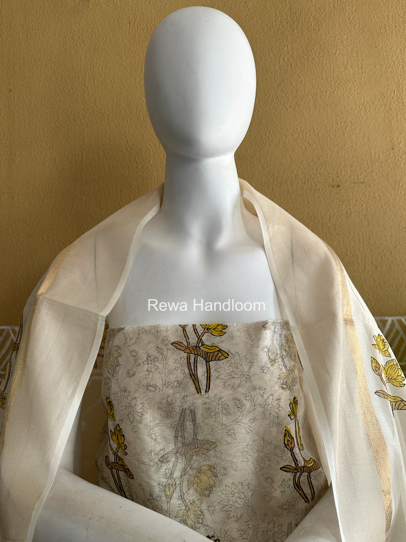 Maheshwari White Handblock Print Top-Dupatta HBS0166