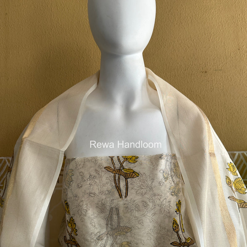Maheshwari White Handblock Print Top-Dupatta HBS0166