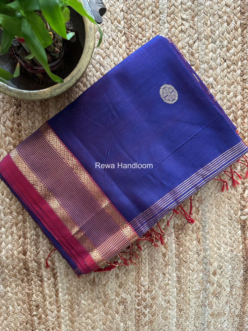Blue Coin Butta Pallu Zari Border Saree ~ Maheshwari Saree SBS-025