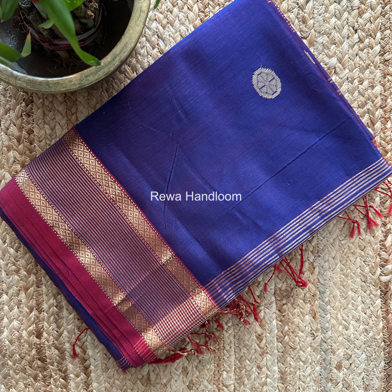 Blue Coin Butta Pallu Zari Border Saree ~ Maheshwari Saree SBS-025