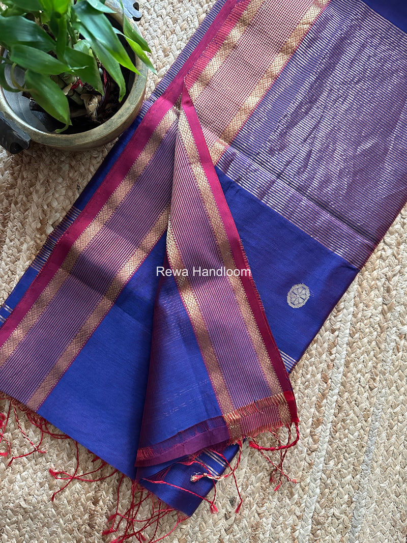 Blue Coin Butta Pallu Zari Border Saree ~ Maheshwari Saree SBS-025