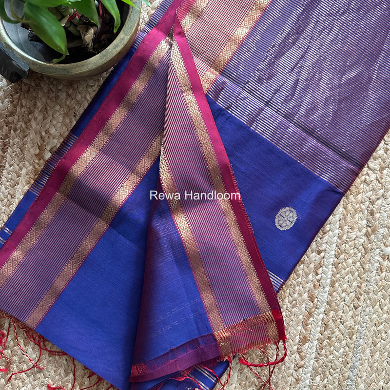 Blue Coin Butta Pallu Zari Border Saree ~ Maheshwari Saree SBS-025