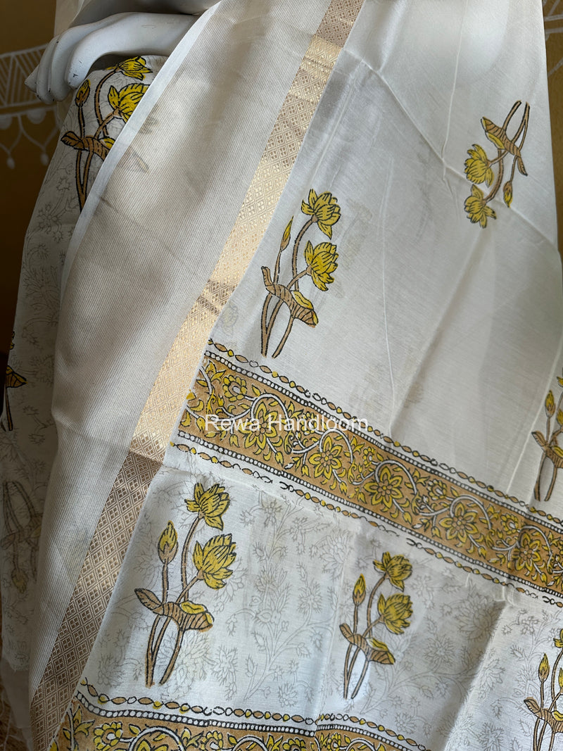 Maheshwari White Handblock Print Top-Dupatta HBS0166