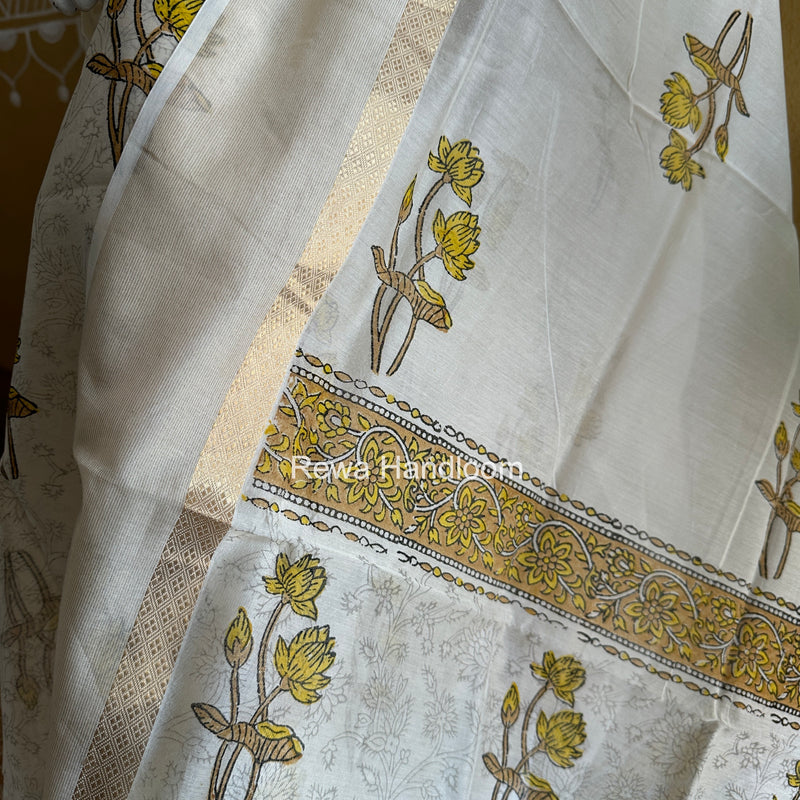 Maheshwari White Handblock Print Top-Dupatta HBS0166