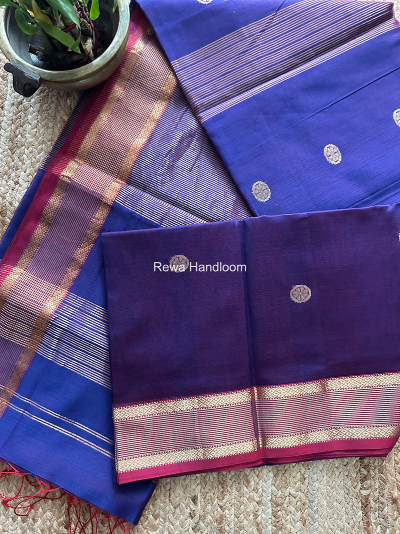Blue Coin Butta Pallu Zari Border Saree ~ Maheshwari Saree SBS-025