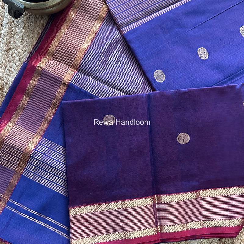 Blue Coin Butta Pallu Zari Border Saree ~ Maheshwari Saree SBS-025