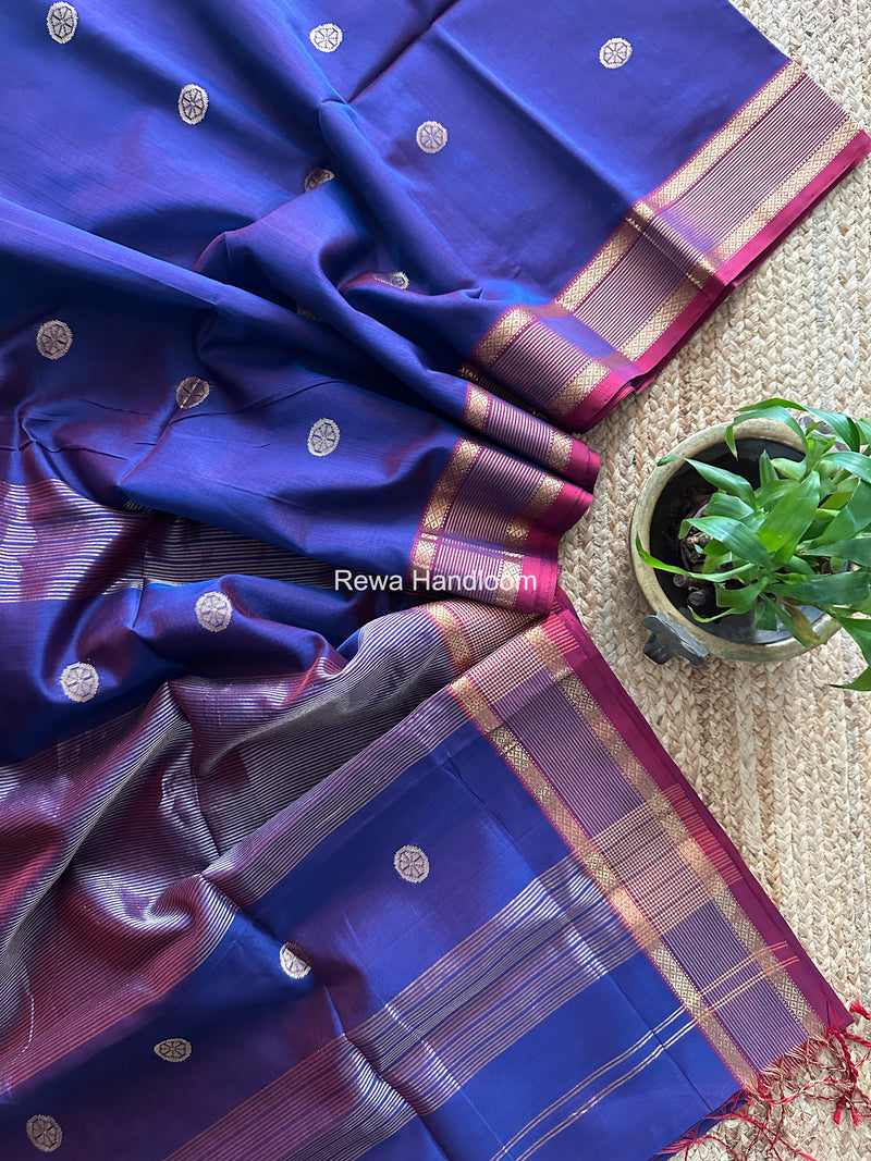 Blue Coin Butta Pallu Zari Border Saree ~ Maheshwari Saree SBS-025