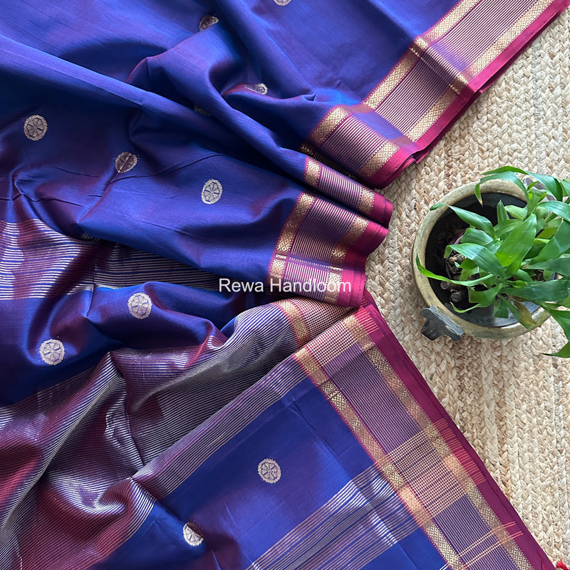 Blue Coin Butta Pallu Zari Border Saree ~ Maheshwari Saree SBS-025