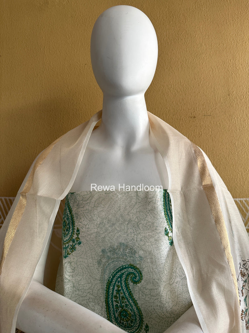 Maheshwari White Handblock Print Top-Dupatta HBS0207