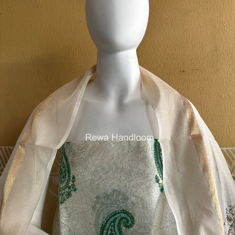 Maheshwari White Handblock Print Top-Dupatta HBS0207