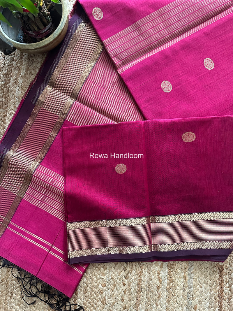 Magenta Coin Butta Pallu Zari Border Saree ~ Maheshwari Saree SBS-023