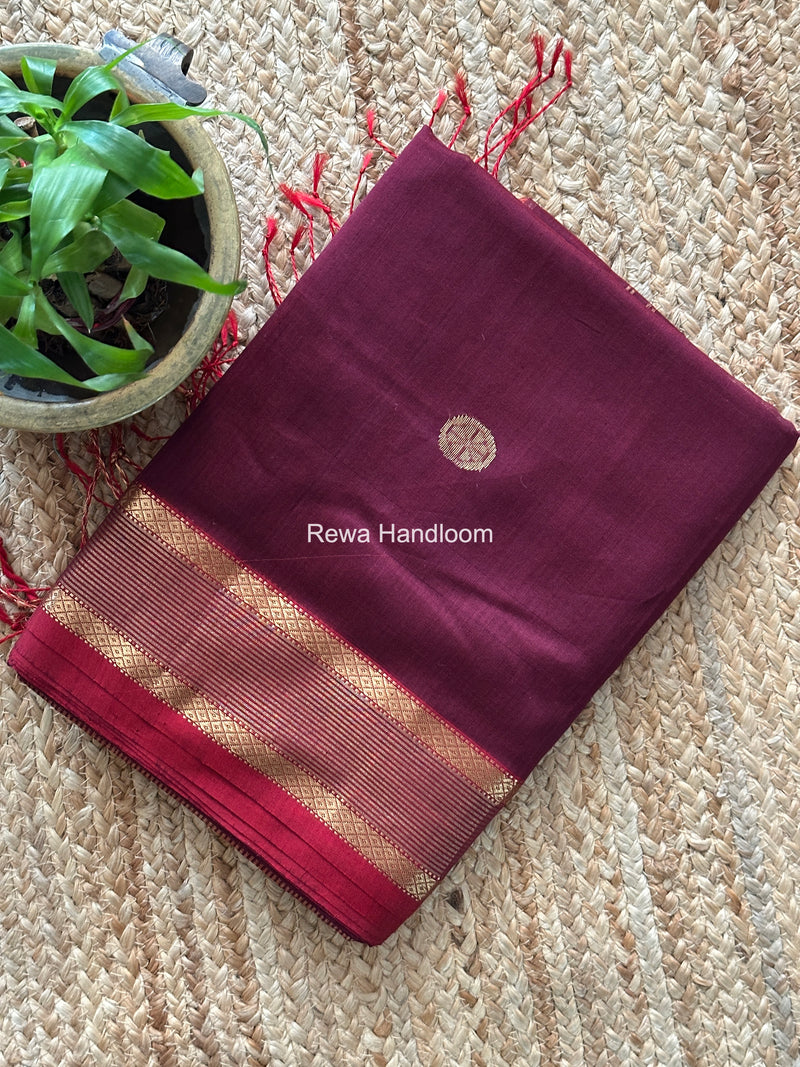 Wine Coin Butta Pallu Zari Border Saree ~ Maheshwari Saree SBS-027