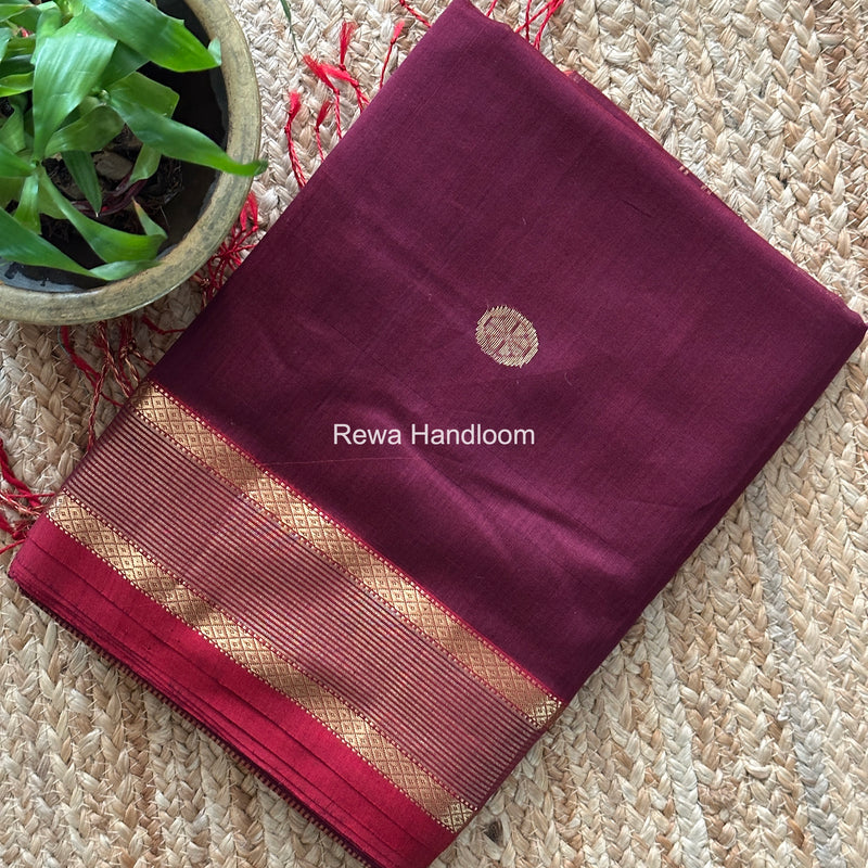 Wine Coin Butta Pallu Zari Border Saree ~ Maheshwari Saree SBS-027