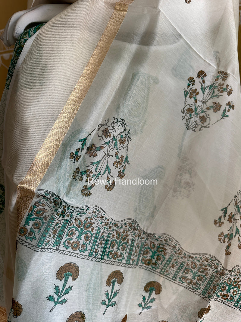 Maheshwari White Handblock Print Top-Dupatta HBS0207
