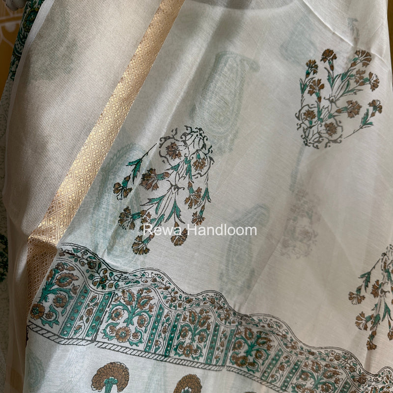 Maheshwari White Handblock Print Top-Dupatta HBS0207