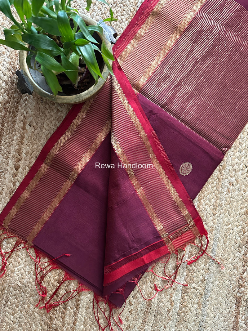 Wine Coin Butta Pallu Zari Border Saree ~ Maheshwari Saree SBS-027