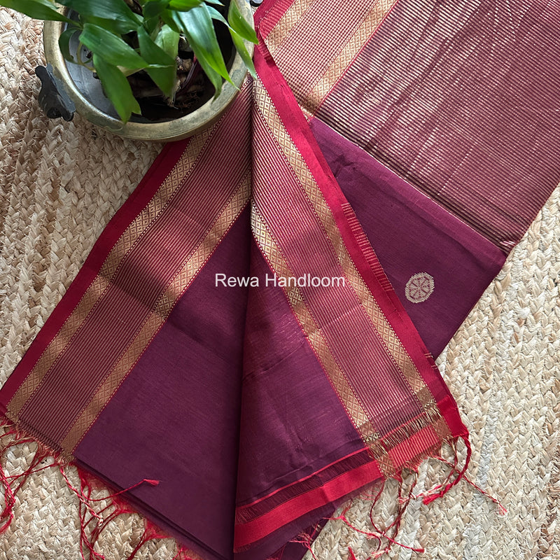 Wine Coin Butta Pallu Zari Border Saree ~ Maheshwari Saree SBS-027