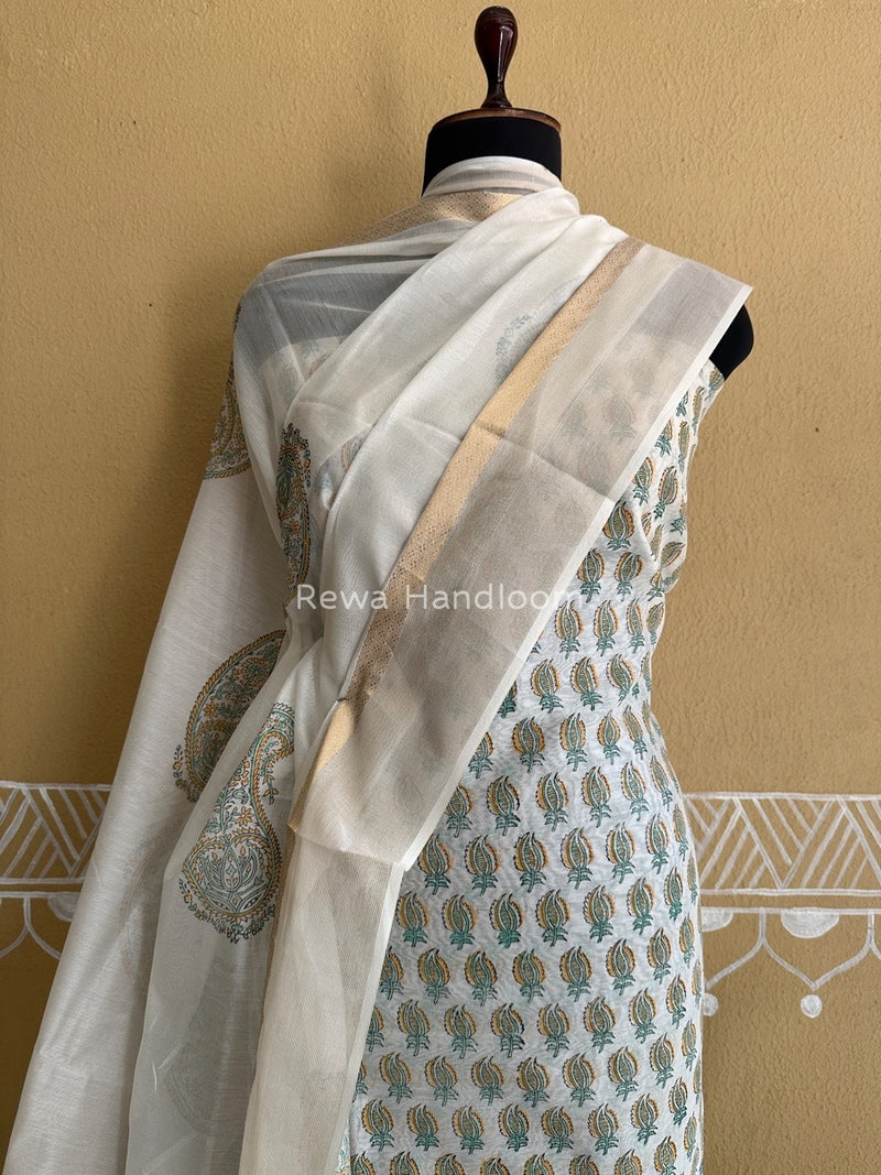 Maheshwari White Handblock Print Top-Dupatta HBS0129