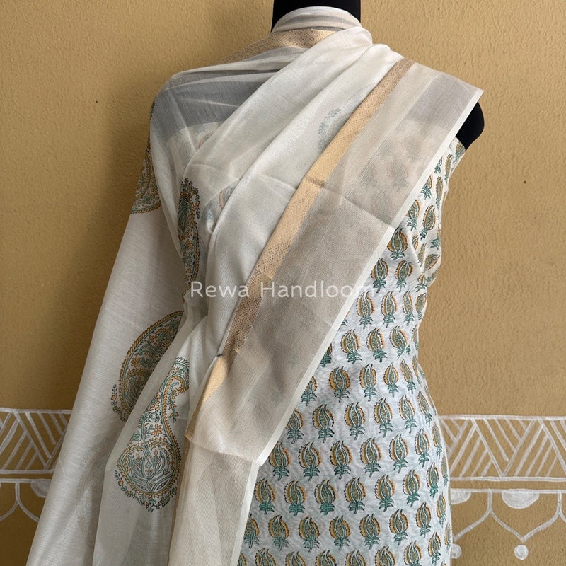 Maheshwari White Handblock Print Top-Dupatta HBS0129
