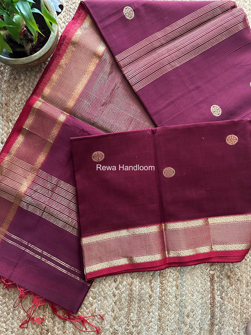 Wine Coin Butta Pallu Zari Border Saree ~ Maheshwari Saree SBS-027