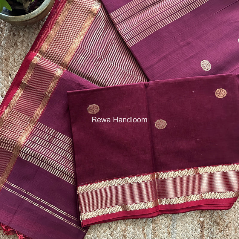 Wine Coin Butta Pallu Zari Border Saree ~ Maheshwari Saree SBS-027