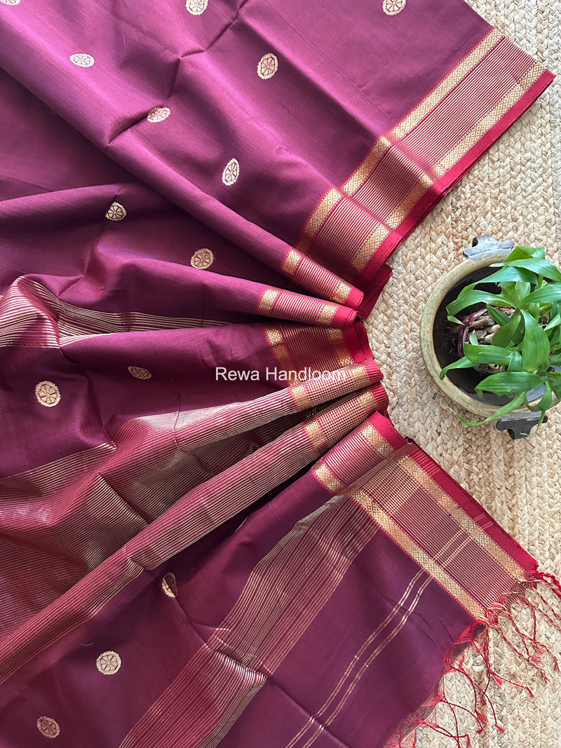 Wine Coin Butta Pallu Zari Border Saree ~ Maheshwari Saree SBS-027