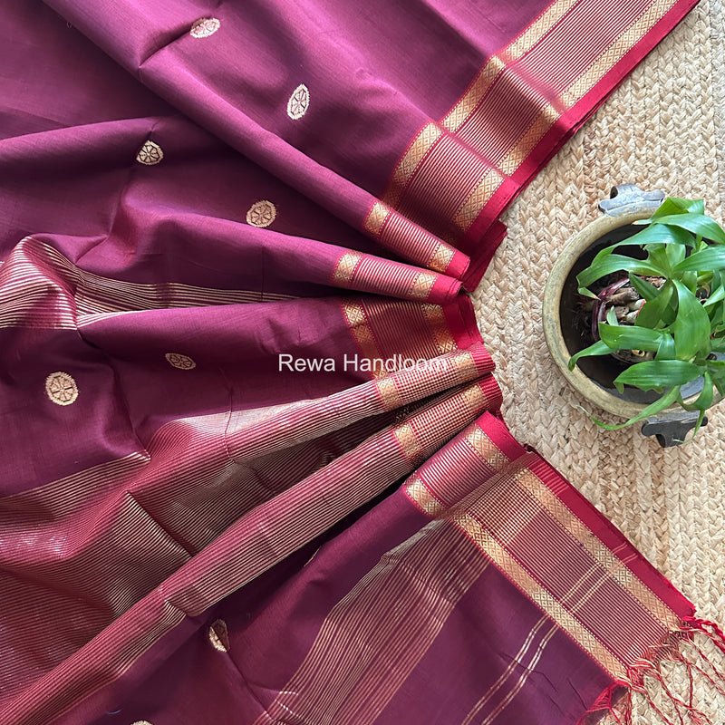 Wine Coin Butta Pallu Zari Border Saree ~ Maheshwari Saree SBS-027