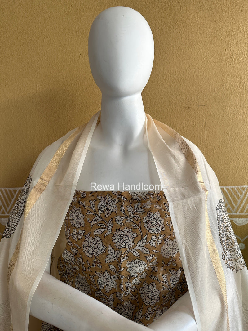 Maheshwari Dark Beige Handblock Print Top-Dupatta HBS0168