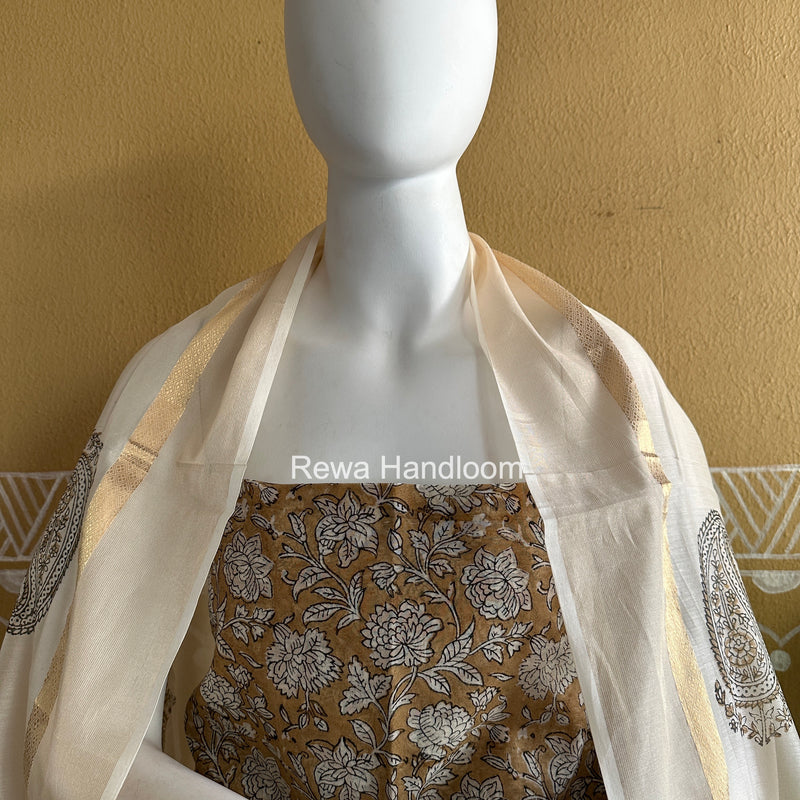 Maheshwari Dark Beige Handblock Print Top-Dupatta HBS0168