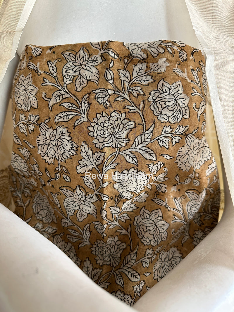 Maheshwari Dark Beige Handblock Print Top-Dupatta HBS0168