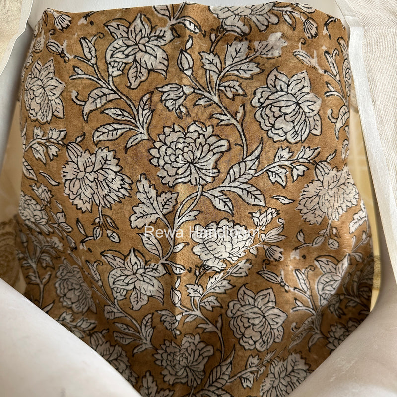 Maheshwari Dark Beige Handblock Print Top-Dupatta HBS0168