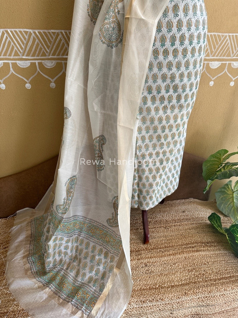 Maheshwari White Handblock Print Top-Dupatta HBS0129