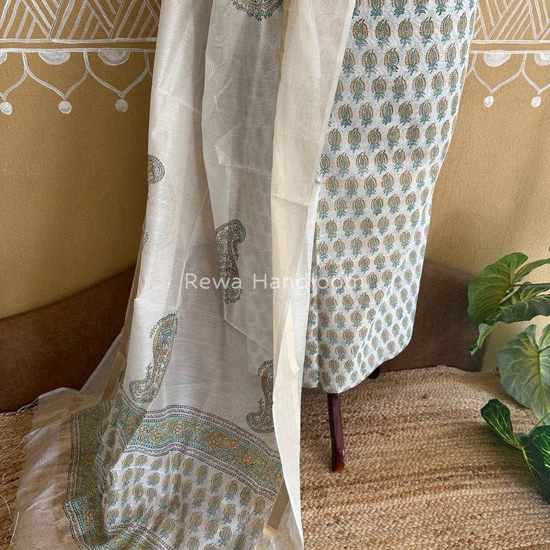 Maheshwari White Handblock Print Top-Dupatta HBS0129