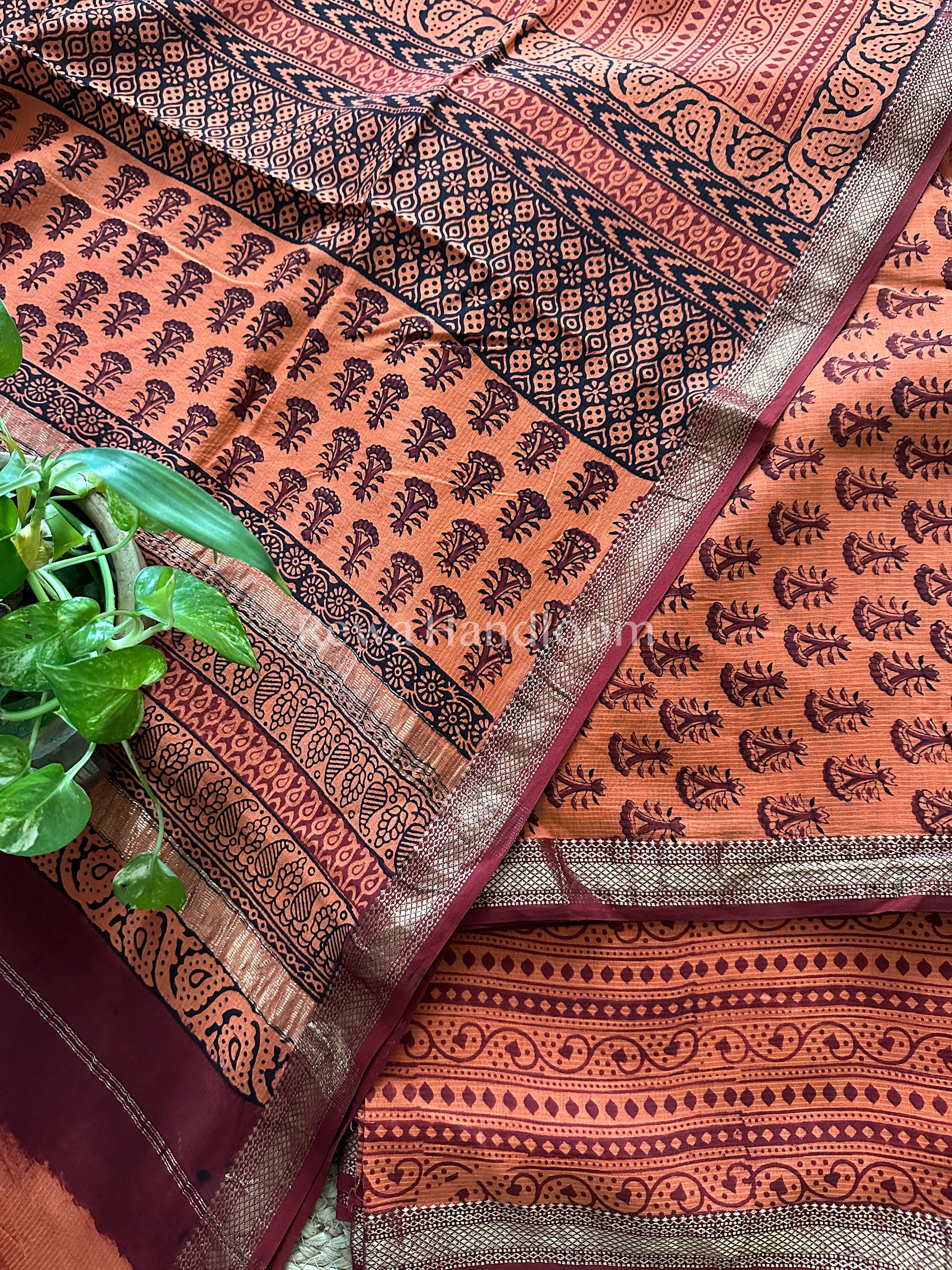 Maheshwari Peach Orange Bagh Print Suit- BSP024