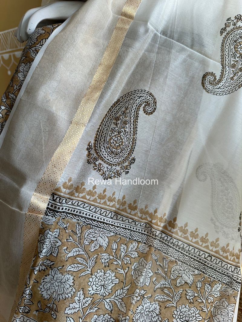 Maheshwari Dark Beige Handblock Print Top-Dupatta HBS0168