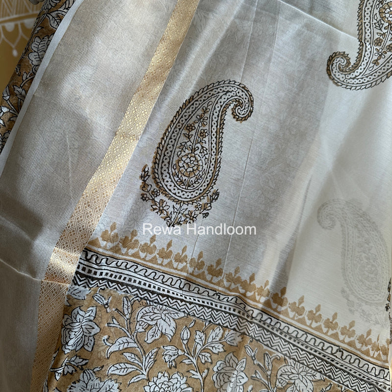 Maheshwari Dark Beige Handblock Print Top-Dupatta HBS0168